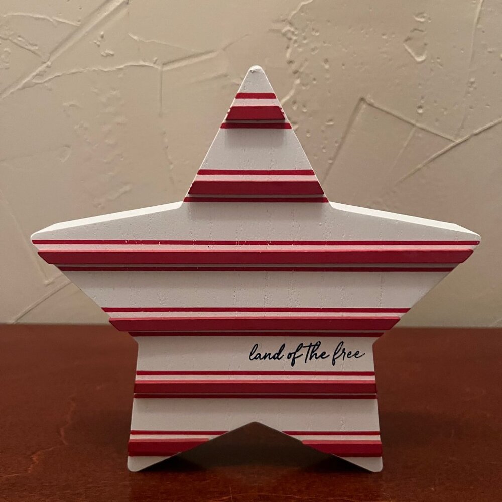 Patriotic "Land of the Free" Wooden Star Decor - Red White Blue 4th of July 7.5"